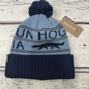 Kids Patagonia Powder Town Polyester Knit Pom Beanie NWT Light Blue Navy‎ Blue